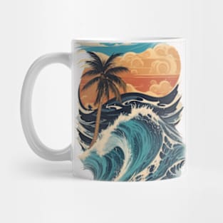 waves palm tree beautiful sunset beach graphic Mug